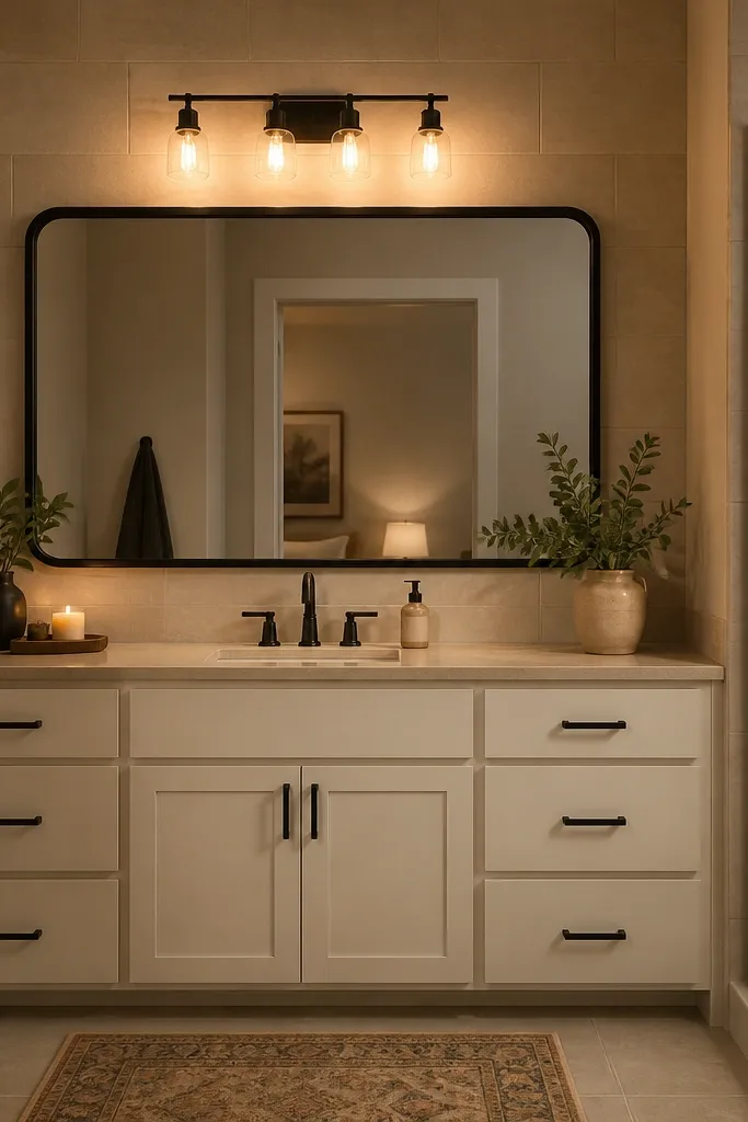 Matte cream vanity with black framed mirror and warm bulbs.