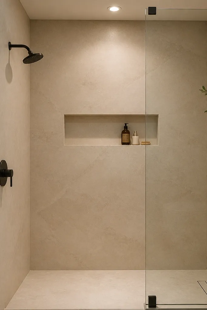 Large-format shower wall tile with minimal grout lines and a simple niche.