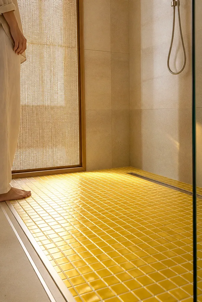 Small shower floor in yellow mosaic with a linen-look privacy panel and warm wall tile