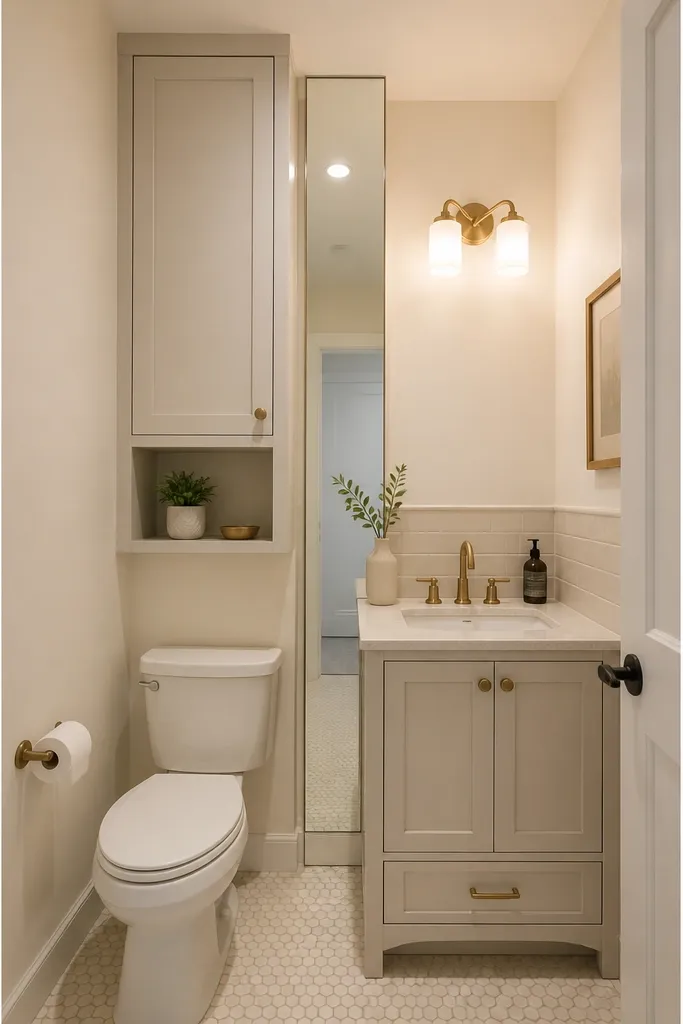 Tall storage cabinet with a vertical mirror stripe in a narrow small bathroom
