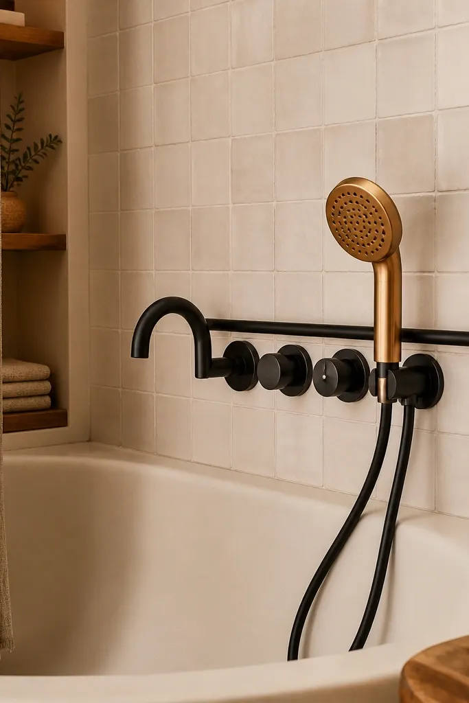 Small tub area with matte black faucet rail and warm brass handheld on a curved bar
