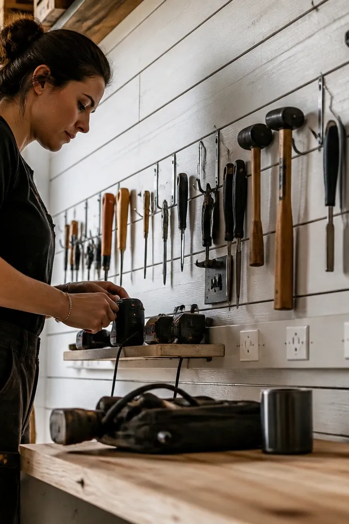 White wall board with evenly spaced tool hooks and a covered cable line