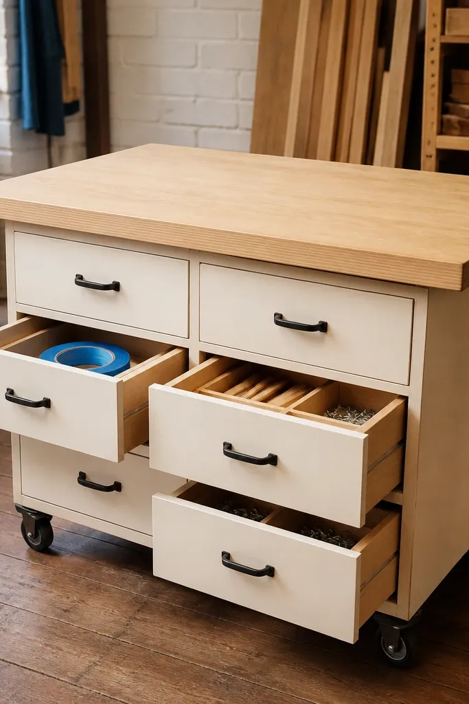 Small rolling workbench with several drawers and a light wood top