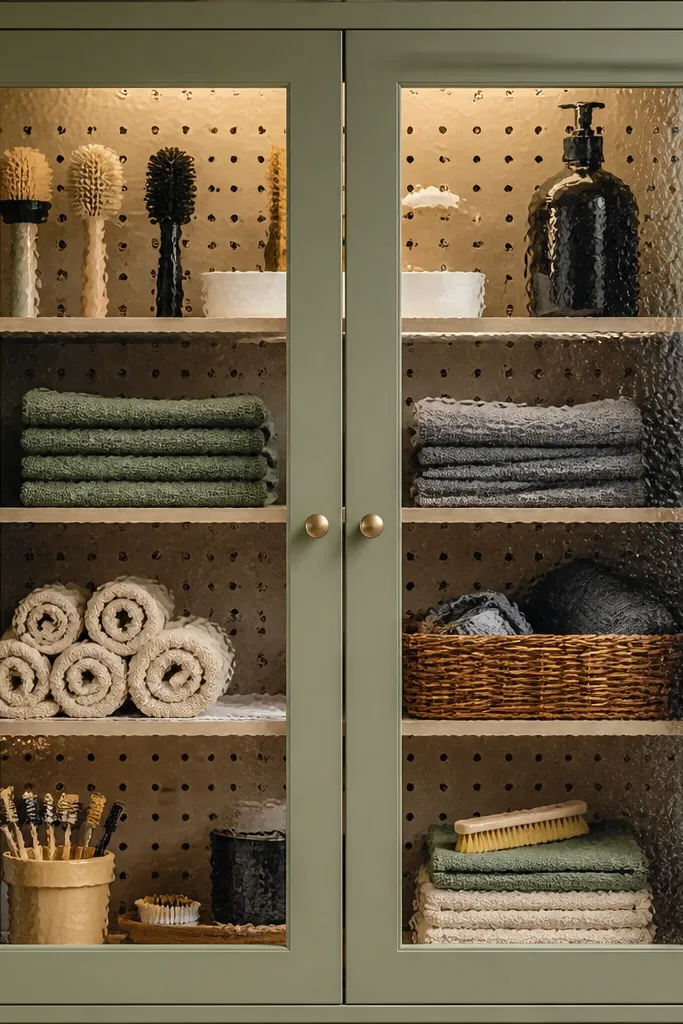 Pegboard inside a cabinet door with clear panel look and labeled hooks