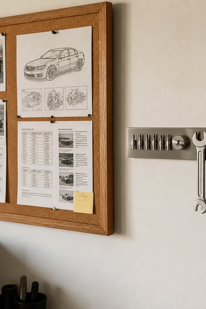 Cork panel with a magnetic strip holding small metal tools and pinned labels