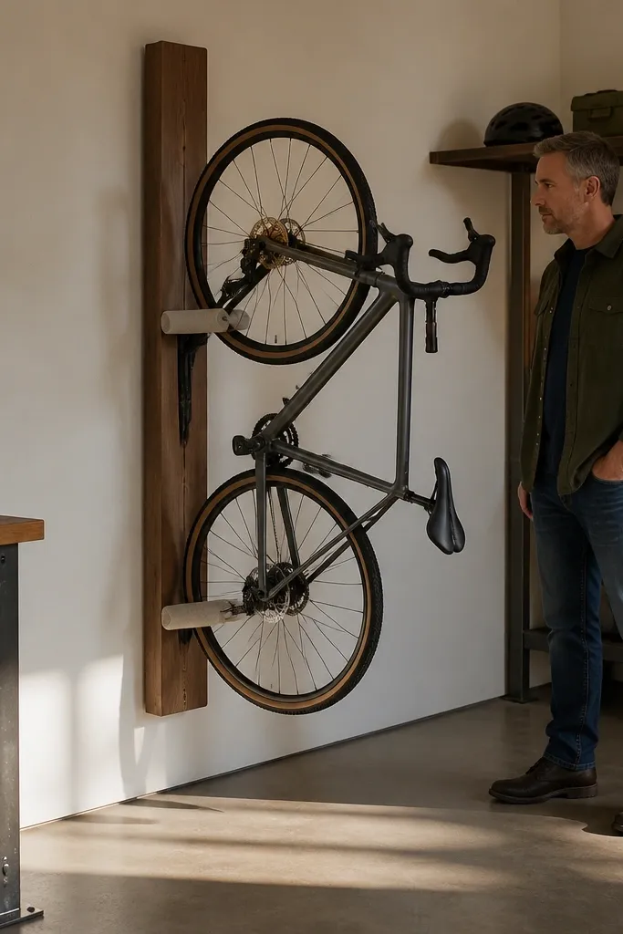 Wall-mounted bike rack with two vertical supports and padded contact points