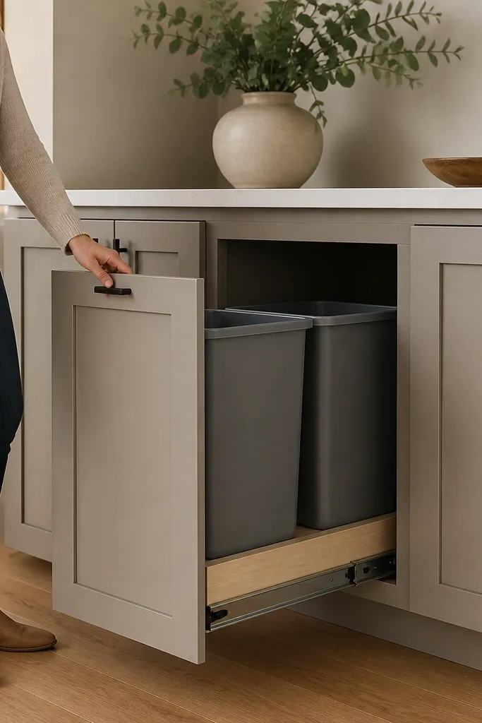 Cabinet with two sliding bins and matching painted doors