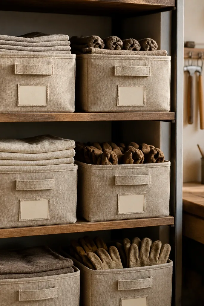 Sturdy open shelves with fabric bins and labeled compartments