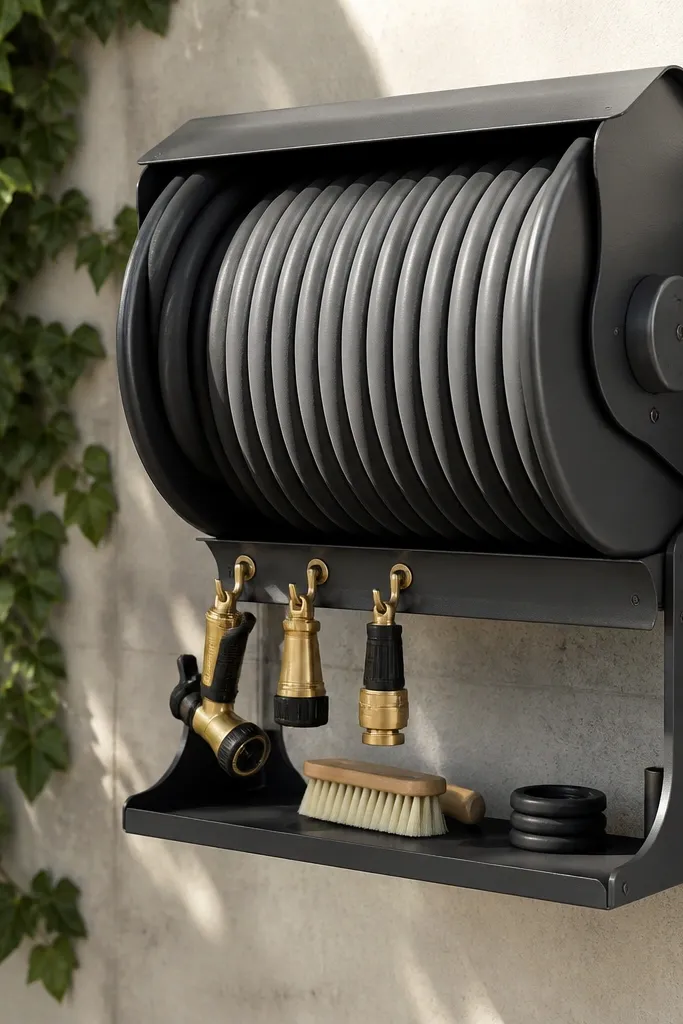 Wall-mounted hose reel with a small shelf and coil hooks underneath