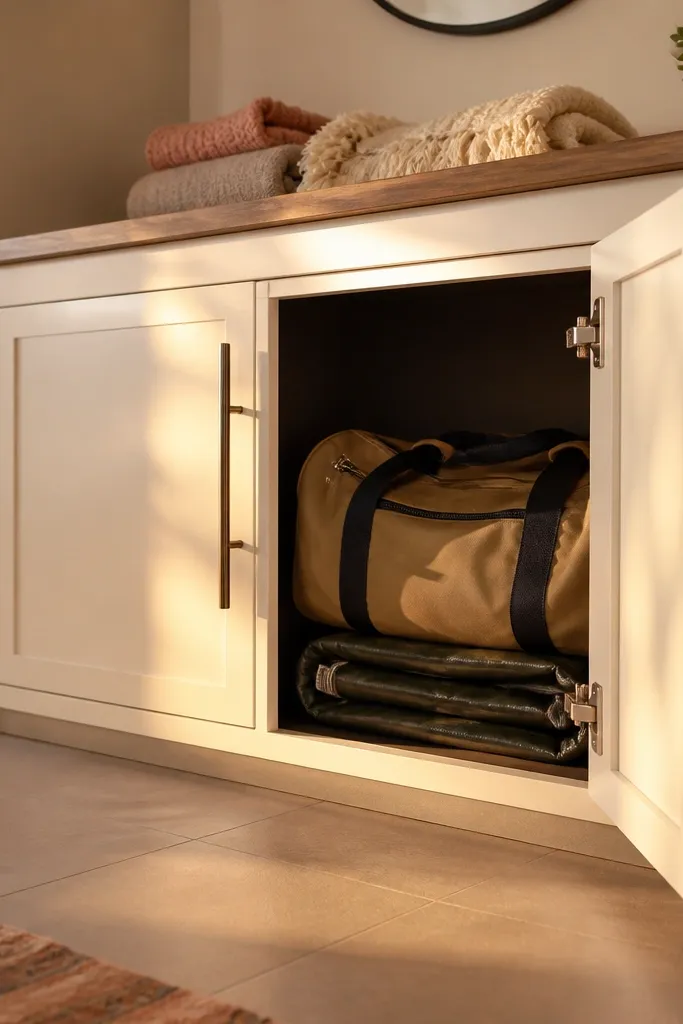 Painted cabinet with lower doors hiding floor tools and large bags