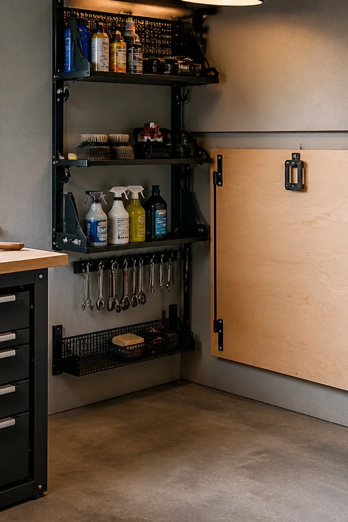 Corner wall rack with shelves and a fold-down bench panel