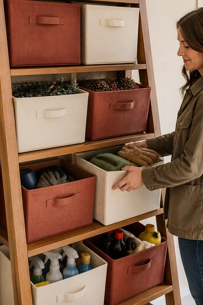 Ladder-style wooden cubby with bins for seasonal gear and labels