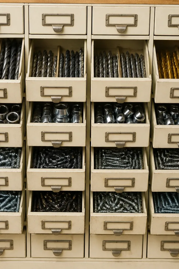 Row of small labeled drawers for drill bits and fasteners on a painted board