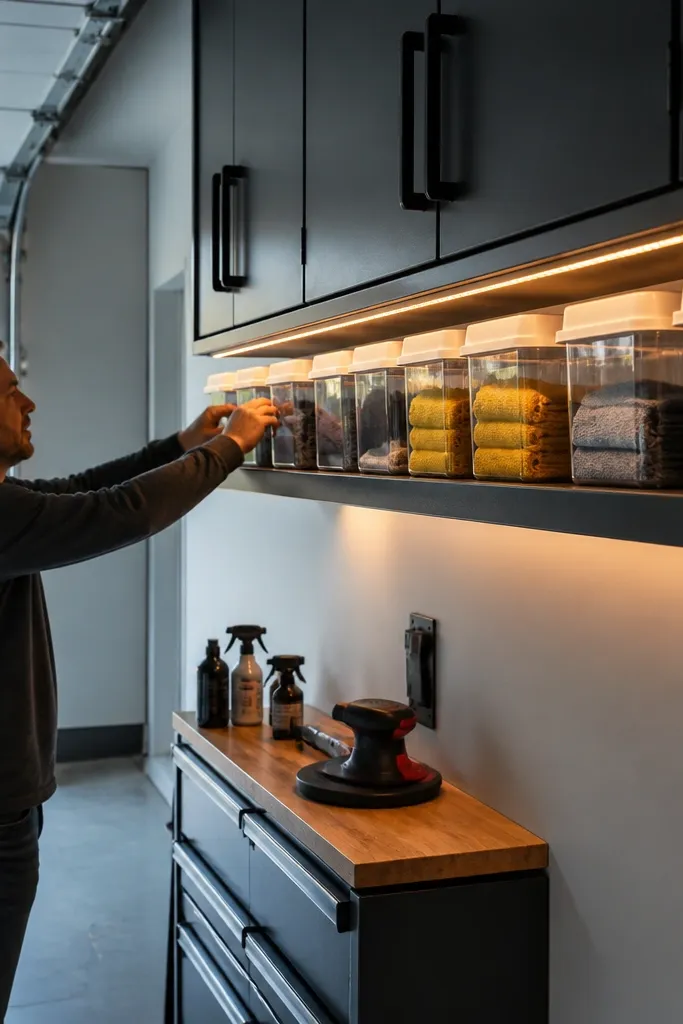 Wood shelves with warm LED strip lights under each shelf and labeled bins