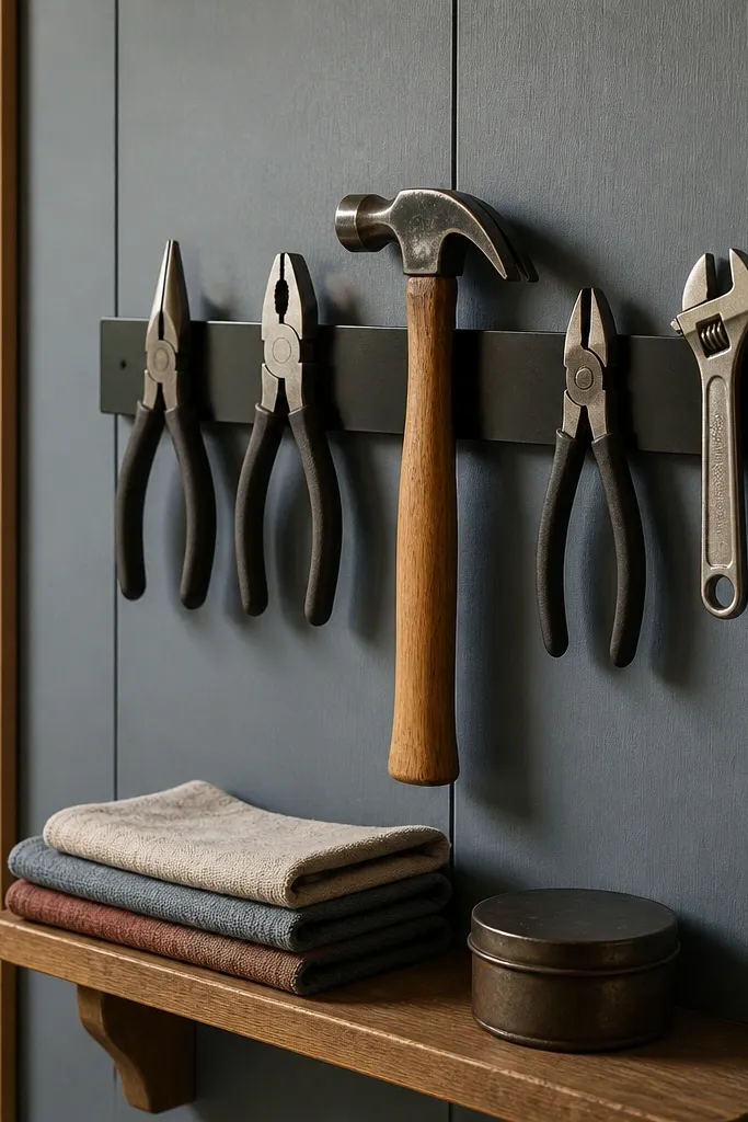 Magnetic strip on painted board with a narrow shelf holding hand tools