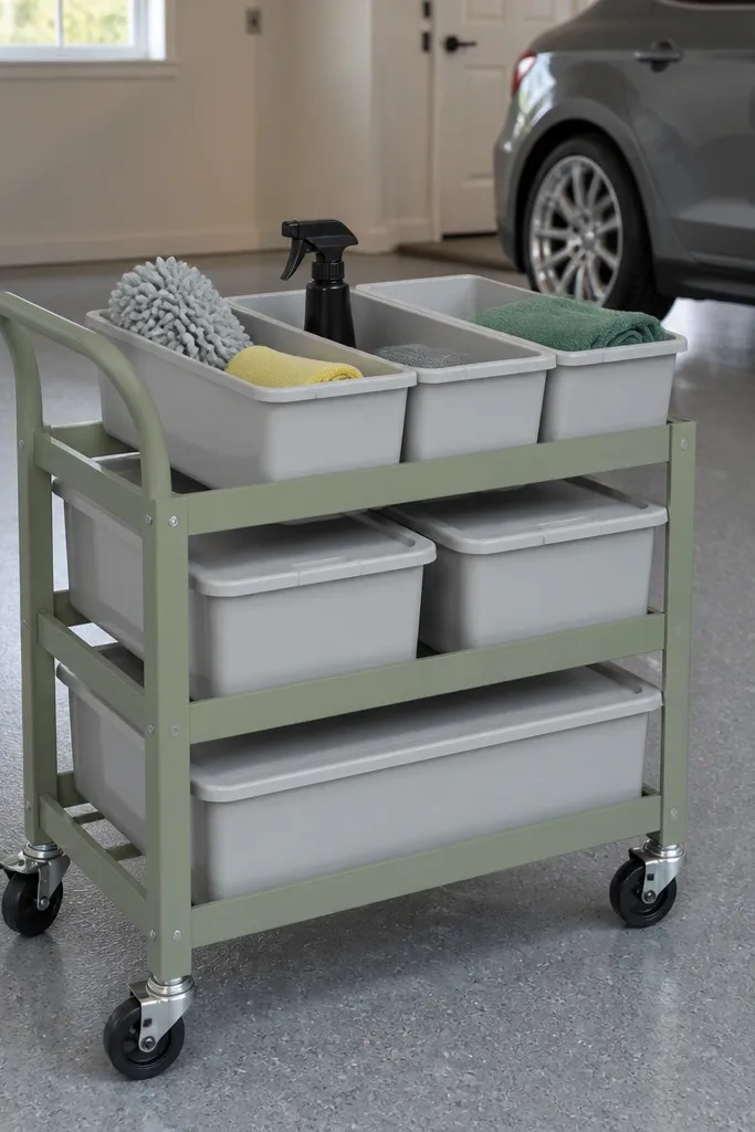 Rolling cart with wipe-clean bins and labeled compartments for car detailing supplies