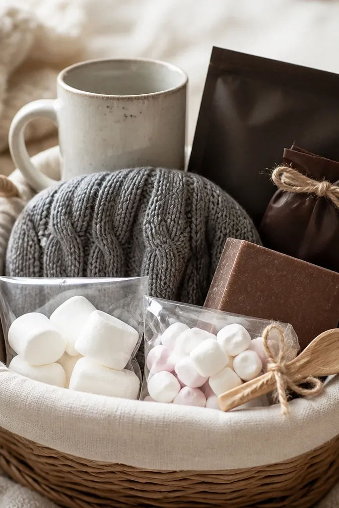 A woven wicker basket lined with oatmeal fabric. A tall ceramic mug sits in the back with a dark cocoa packet bundle next to it. In the middle there's a folded gray cable-knit beanie and a small bar of cocoa-scented soap. The front holds two marshmallow packs and a mini wooden spoon tied with twine.