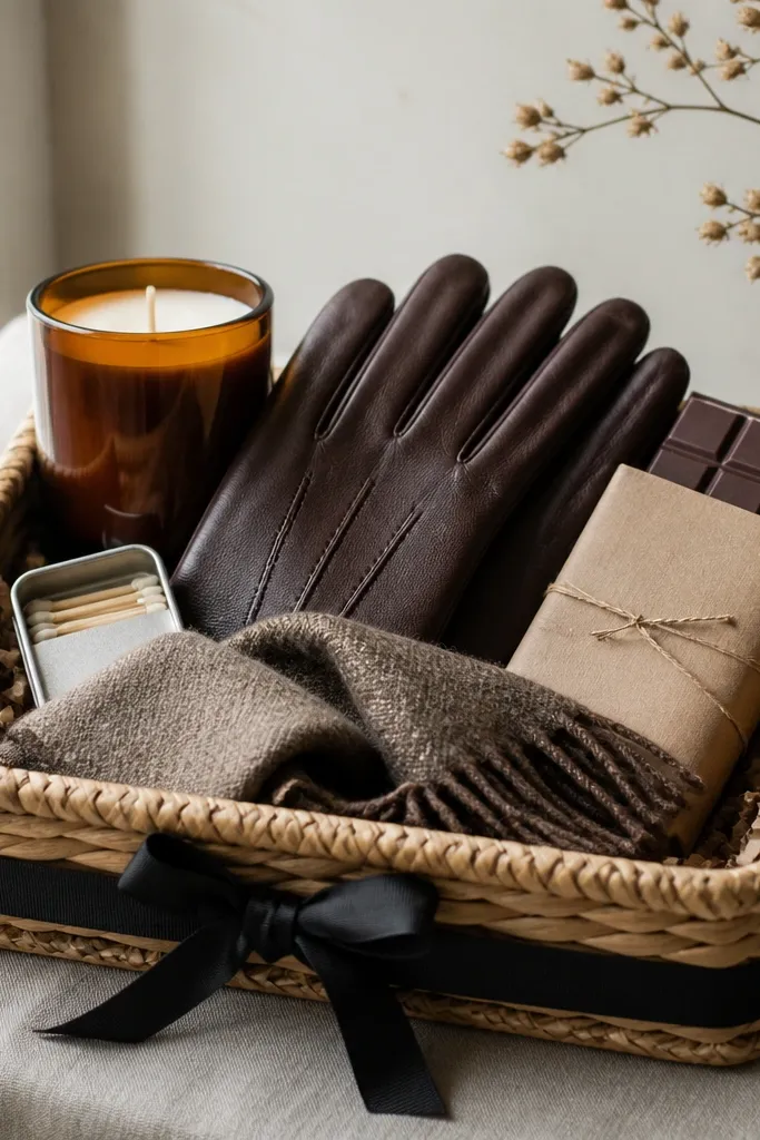 A shallow rectangular basket with a black ribbon. A tall amber glass candle sits in the back. Inside the middle is a pair of dark brown leather-look gloves folded open. The front has a small tin of matches, a wool mini scarf, and a dark chocolate bar wrapped in brown paper.