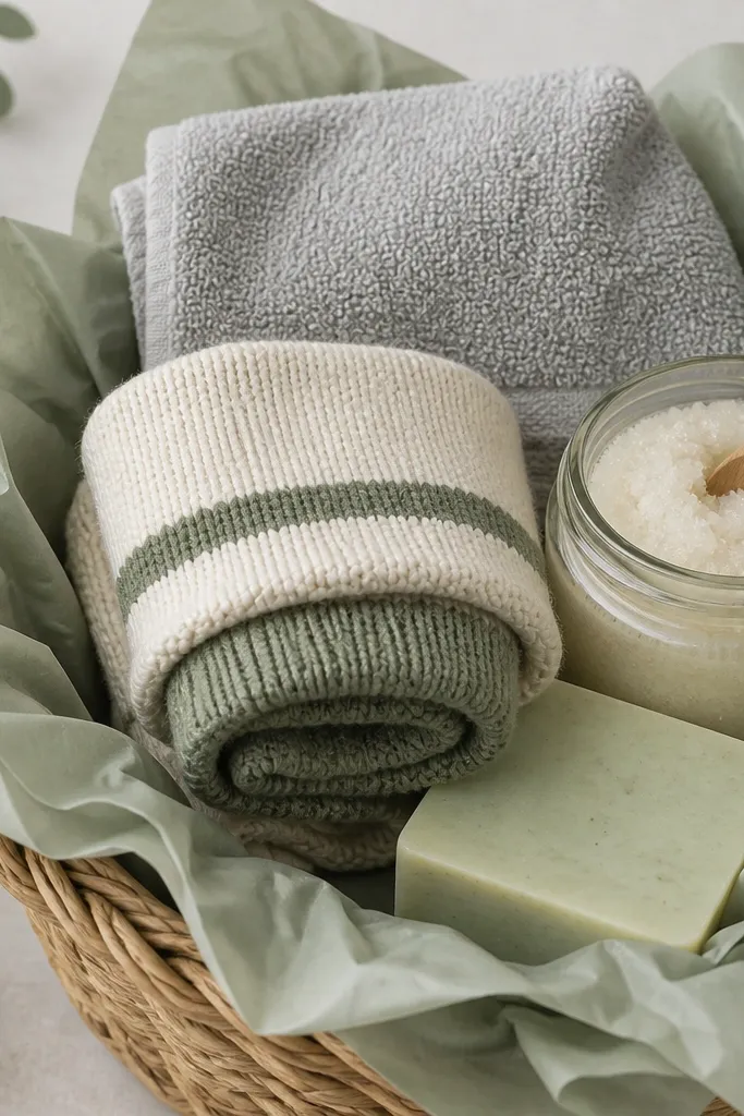 A basket wrapped in soft sage tissue. A pair of thick cream-and-sage socks is rolled and stacked in the middle. A small mint-green body bar rests in front. Behind it sits a glass jar of sugar scrub with a white label and a wooden spoon. The top is covered with a folded light gray hand towel.
