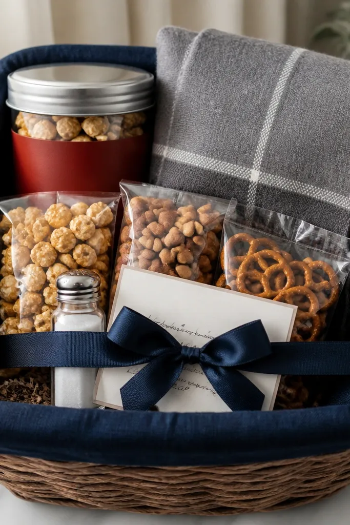 A large basket lined with dark navy fabric. A small popcorn tin sits in the back with a red label. The middle holds a folded gray throw blanket with a subtle plaid pattern. The front has three snack bags, a small salt shaker, and a handwritten card tucked under a ribbon.