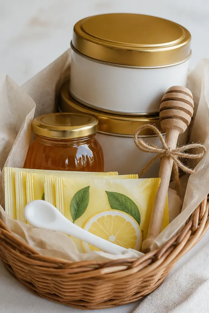 A wicker basket with parchment paper lining. In the back are two stacked tea tins with gold lids. The middle holds a small glass honey jar and a wooden honey dipper tied with twine. The front has lemon-flavored tea packets and a ceramic mini spoon.