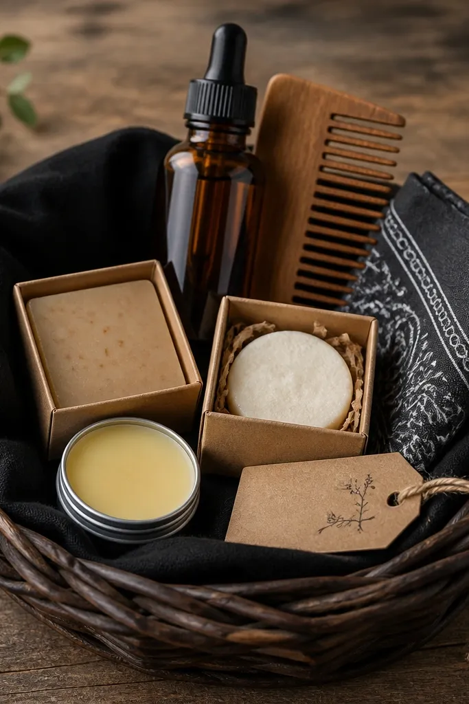 A dark brown basket lined with black fabric. A tall amber bottle of beard oil stands in the back with a wooden comb leaning beside it. In the middle are two grooming products in small kraft boxes and a folded charcoal bandana. The front holds a small tin of balm and a handwritten label tag.