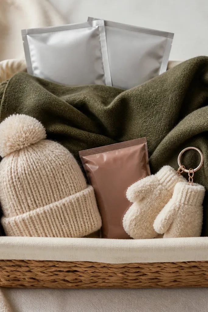A basket with tan woven sides and a cream cloth liner. A long olive scarf is draped across the middle. In the back are two hand warmer sachets in foil packs. The front holds a small knit beanie, a hot cocoa packet, and a pair of fuzzy keychain mittens.