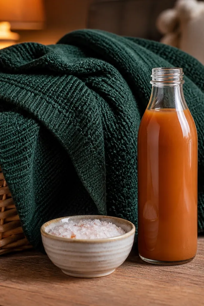 A basket with a burgundy throw folded into a thick rectangle. In the back is a tall bottle of salted caramel sauce wrapped in brown paper. The middle has two caramel-flavored cookies in clear bags. The front holds a small ceramic ramekin and a bag of flaky sea salt.