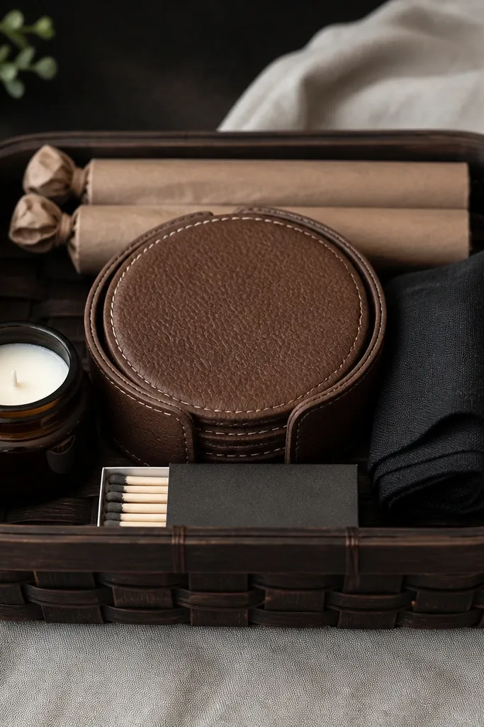 A dark wood-look basket with a leather coaster set laid flat in the middle. In the back are two cigar tubes in brown paper sleeves. The front holds a small candle in a squat jar, a match box, and a folded black linen napkin.