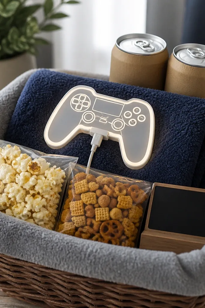 A basket with gray fleece lining. A folded navy fuzzy blanket sits in the middle with a controller-shaped USB light placed on top. In the back are two energy drink cans wrapped in brown paper. The front has a small bag of popcorn, a snack mix, and a mini desk sign.
