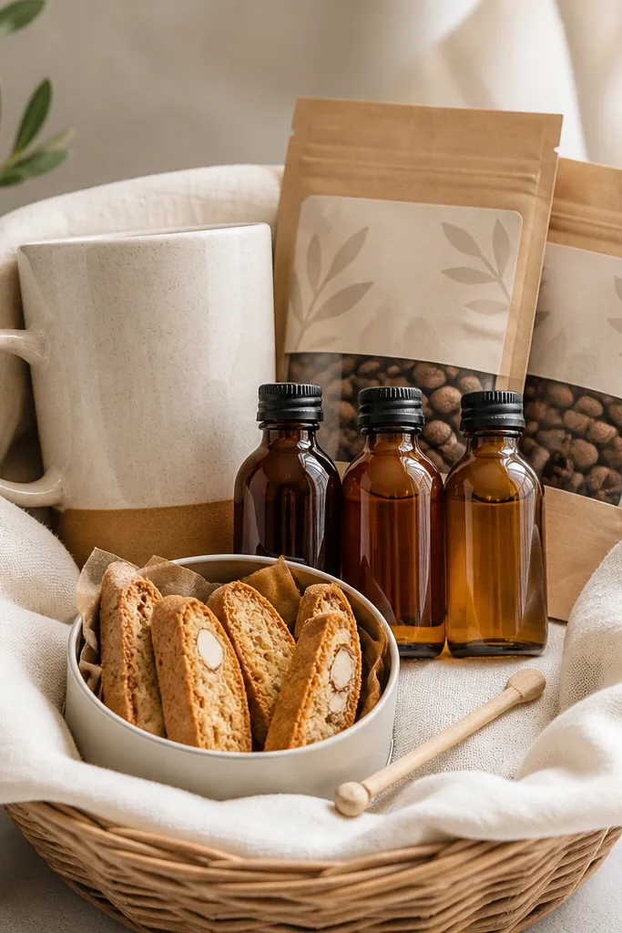 A basket lined with cream linen. In the back is a tall mug and two small bags of coffee beans with matching labels. The middle holds three mini syrup bottles in amber glass. The front has a small tin of biscotti and a wooden stir stick.