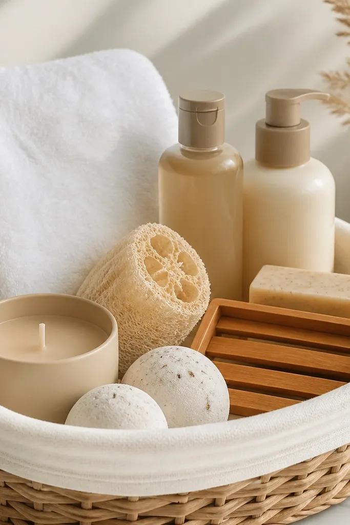 A basket with white cotton lining. A folded white fuzzy towel sits on top. In the back are two bottles of body wash and lotion in neutral beige. The middle has a loofah sponge and a small scrub bar. The front holds a candle, a pair of shower steamers, and a small wooden soap dish.