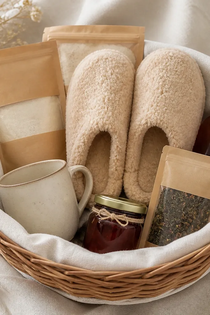 A basket with light oatmeal lining. A pair of light tan fluffy slippers rests in the middle, angled so the toe points up. In the back are two mini pancake mixes and a small syrup bottle. The front has a mug, a pack of tea, and a small jar of jam.