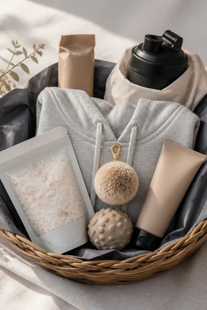 A basket lined with charcoal fabric. A folded heather gray hoodie sits in the middle with a small pom-pom keychain attached at the front. In the back are a protein bar pack and a shaker bottle wrapped in paper. The front has an Epsom salt pouch, a mini massage ball, and a scented lotion tube.