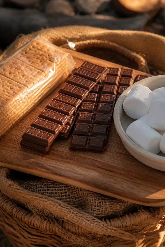 A rustic basket with burlap accents. A small wooden serving board lies across the middle with a pair of chocolate bars and a bag of marshmallows arranged on it. In the back are graham cracker stacks in a clear sleeve. The front holds a mini lighter, cinnamon sticks, and a handwritten tag.