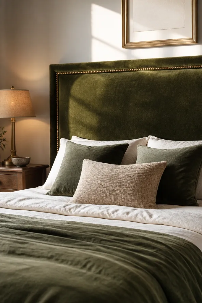 Moss green velvet headboard panel with a black nailhead trim edge