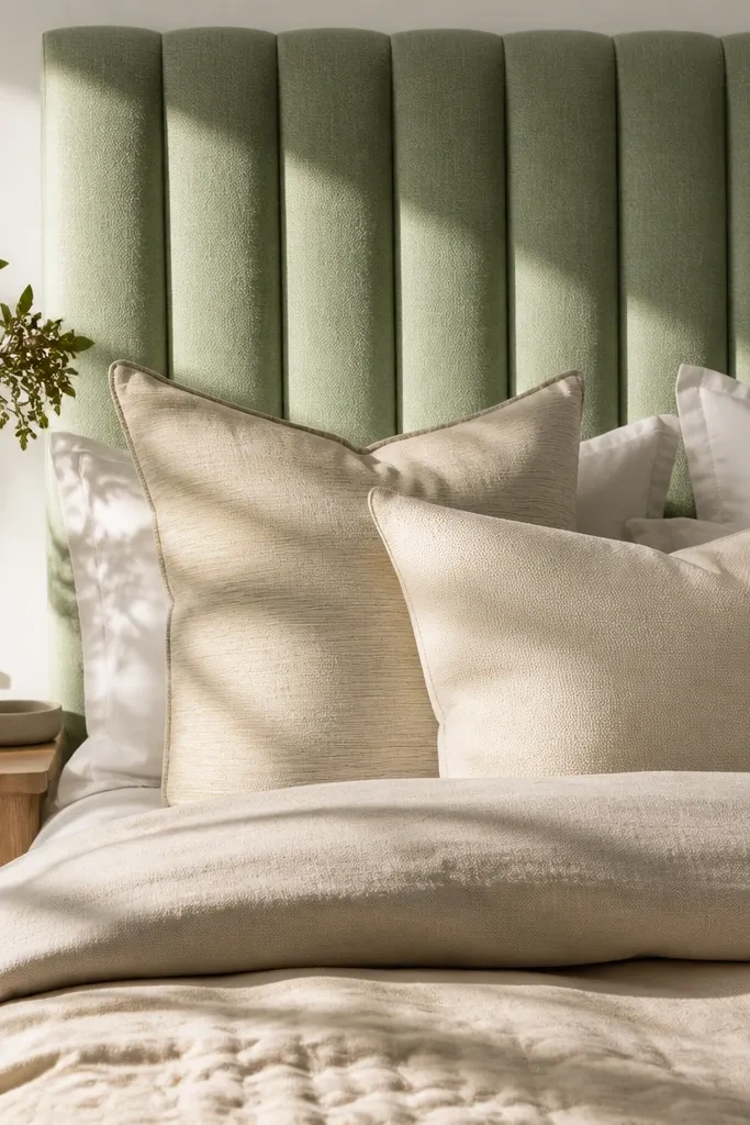 Light sage green headboard with vertical channel tufting lines and beige trim
