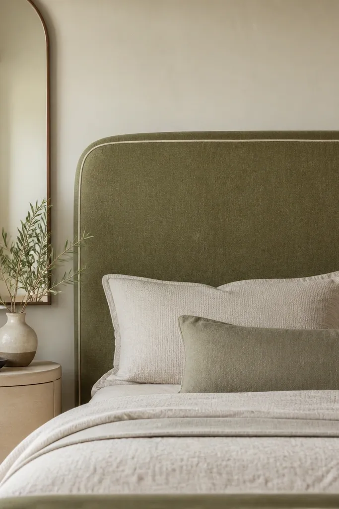 Olive green upholstered headboard with rounded top and light linen piping