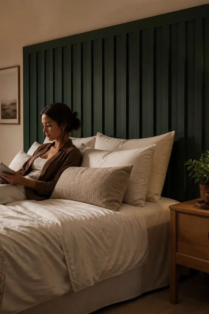 Deep emerald green board-and-batten headboard with matte paint and vertical slats