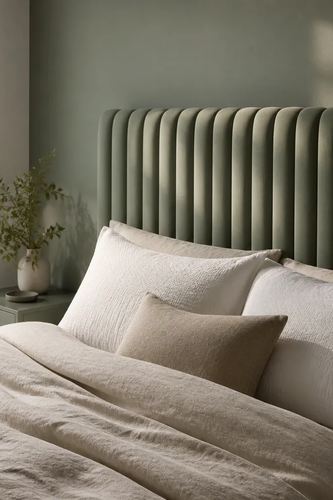 Eucalyptus green fluted headboard with vertical ridges and soft fabric texture
