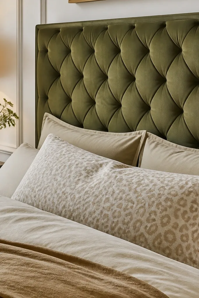 Olive green quilted headboard with diamond stitch lines and cream piping