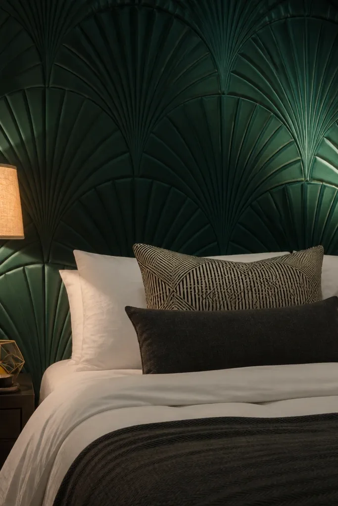 Emerald green art deco fan headboard with layered semicircle shapes