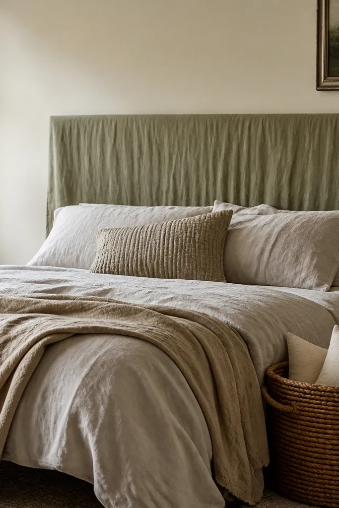 Soft sage green linen slipcover headboard with smooth draped fabric