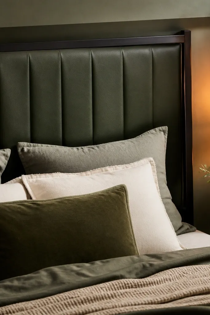Dark green leather-look headboard with vertical channel seams and black piping