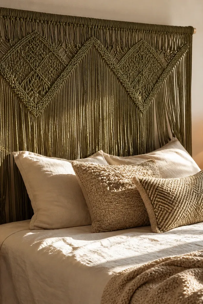 Olive green macrame fringe headboard hanging from a wooden frame