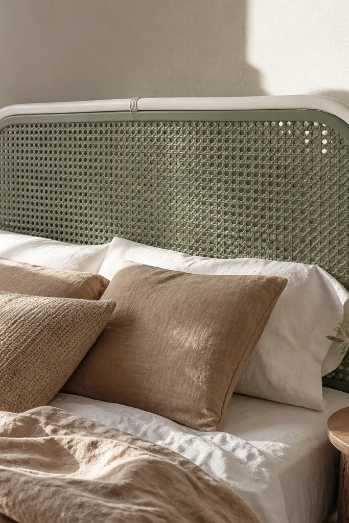Sage green headboard with rattan-style lattice and white trim border