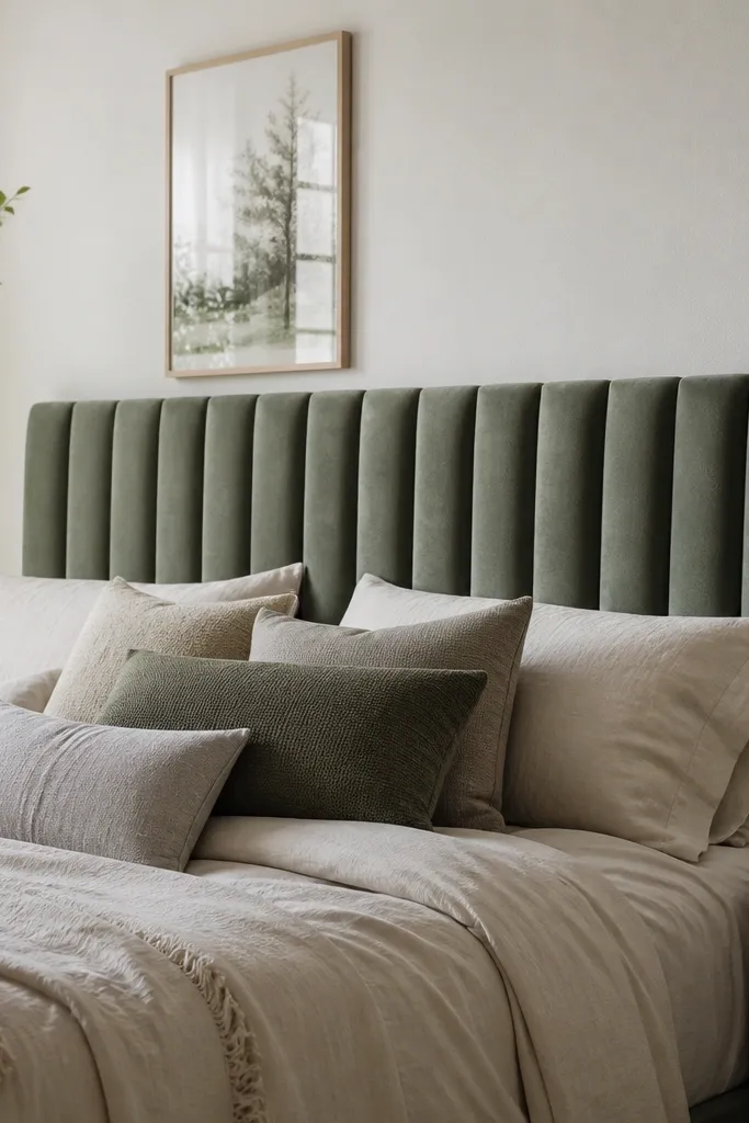 Eucalyptus green headboard with vertical slats and open airy spacing