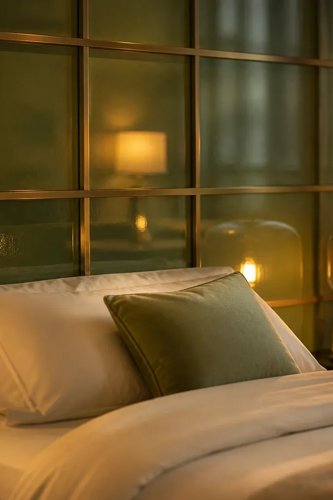 Green headboard with dark glass panels and a brass grid frame