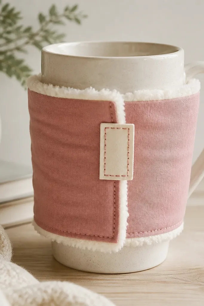 A tall ceramic mug wrapped with a cozy cuff made from cream sherpa on the inside and dusty rose cotton on the outside; a small stitched name tag sits on the front seam with contrasting thread.
