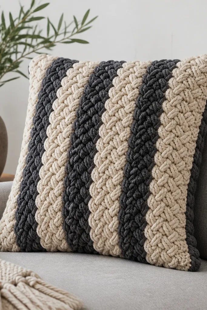 A sofa pillow with a handmade cover showing braided stripes in oatmeal and charcoal yarn; the stitches look thick and textured with a slightly scalloped edge.